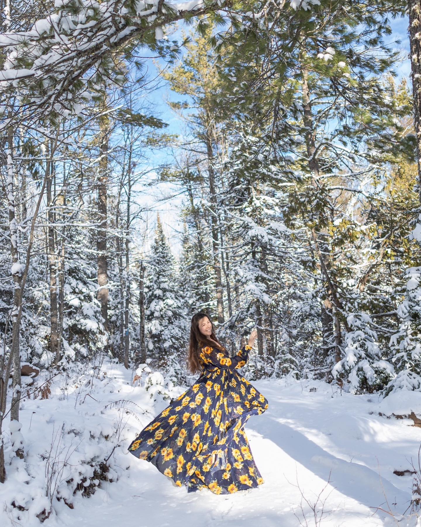 Olga Gamburg in the snowy woods spinning in chiffon gown in Marquette, Michigan